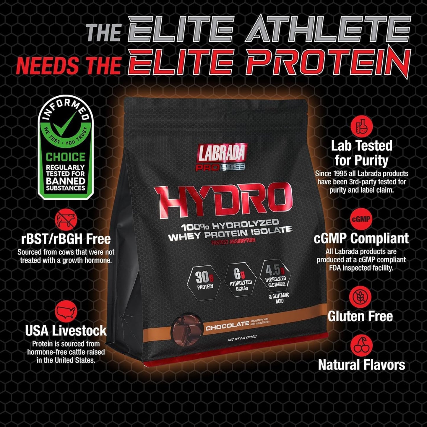 Labrada Hydro 100% Pure Hydrolyzed Whey Protein Isolate Powder - Lactose Free, Fast Digesting, Chocolate Flavor - 47 Servings, 4lb