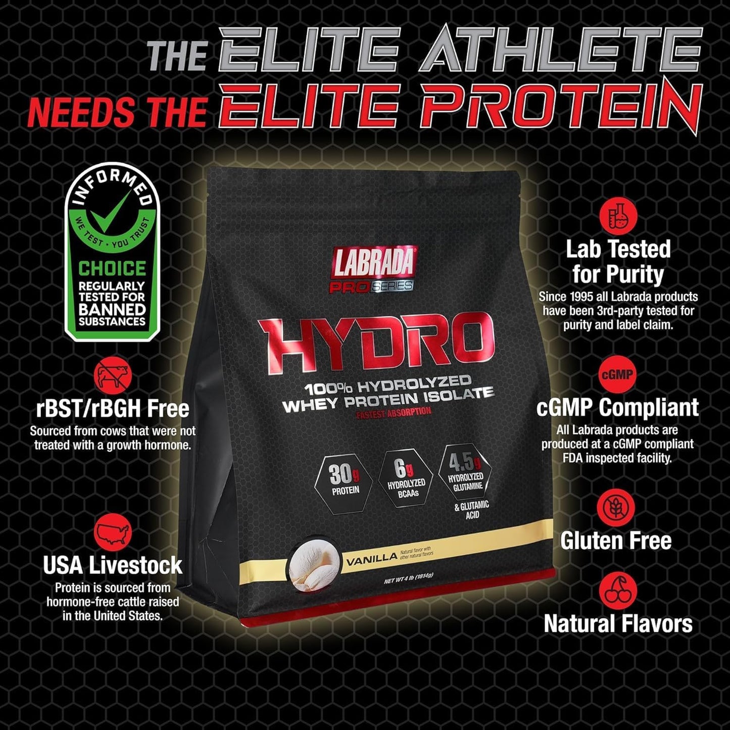 Labrada Hydro 100% Pure Hydrolyzed Whey Protein Isolate Powder - Lactose Free, Fast Digesting, Delicious Vanilla Flavor - 48 Servings 4lb