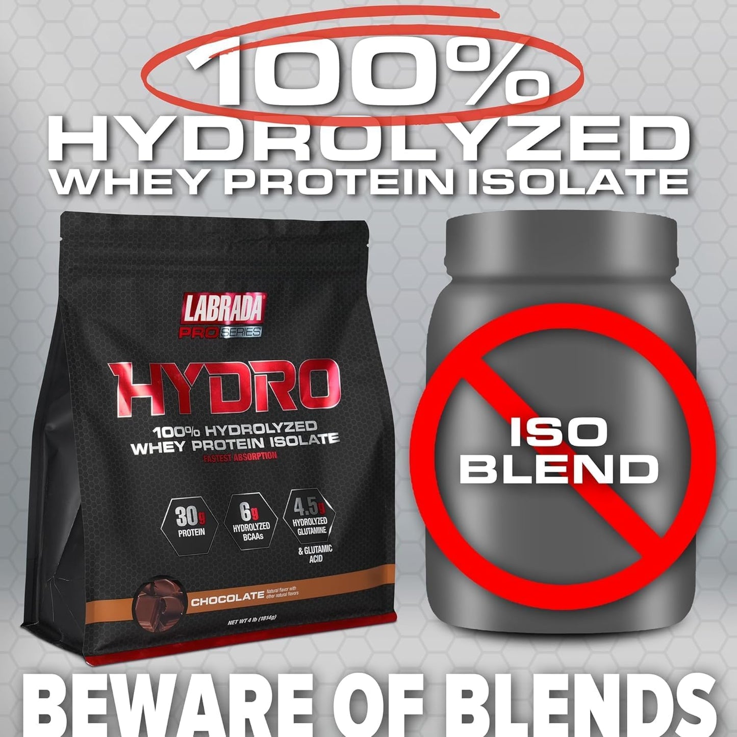 Labrada Hydro 100% Pure Hydrolyzed Whey Protein Isolate Powder - Lactose Free, Fast Digesting, Chocolate Flavor - 47 Servings, 4lb