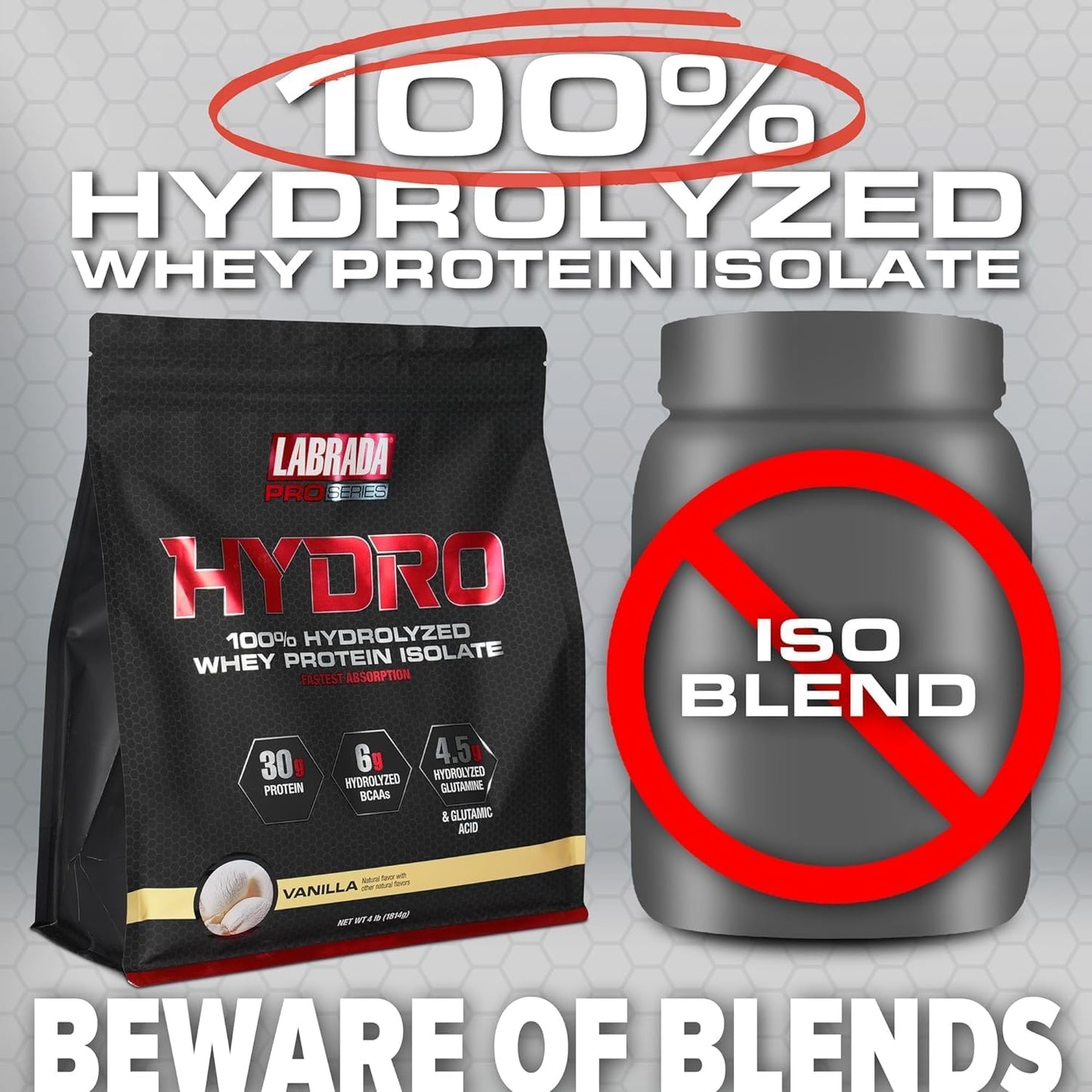 Labrada Hydro 100% Pure Hydrolyzed Whey Protein Isolate Powder - Lactose Free, Fast Digesting, Delicious Vanilla Flavor - 48 Servings 4lb