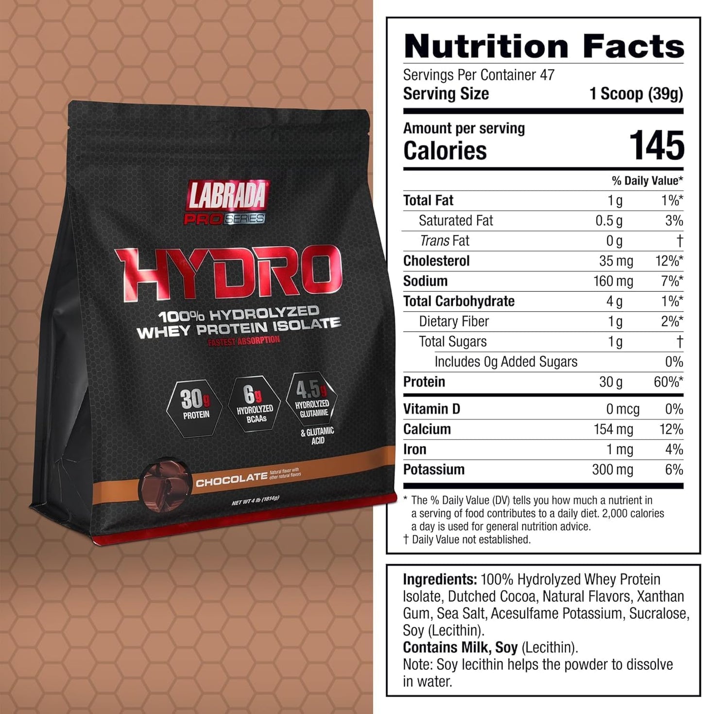 Labrada Hydro 100% Pure Hydrolyzed Whey Protein Isolate Powder - Lactose Free, Fast Digesting, Chocolate Flavor - 47 Servings, 4lb