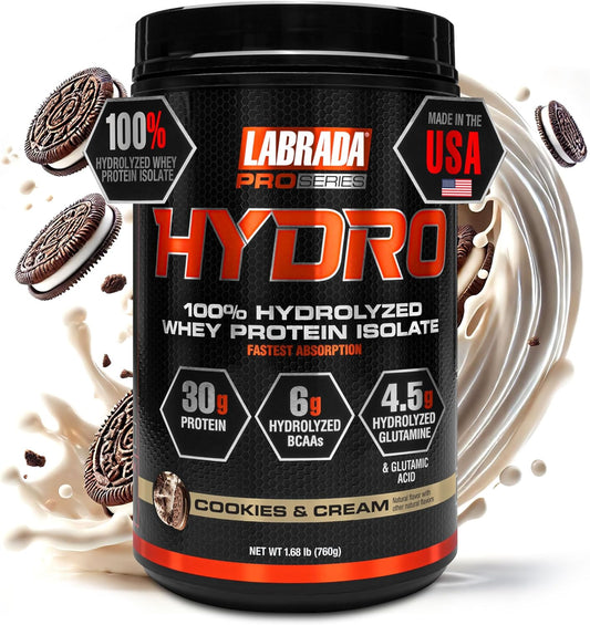 Labrada Hydro 100% Pure Whey Protein Isolate Powder - Lactose Free, High BCAA & Glutamine, Fast Digesting, 20 Servings (Cookies & Cream)
