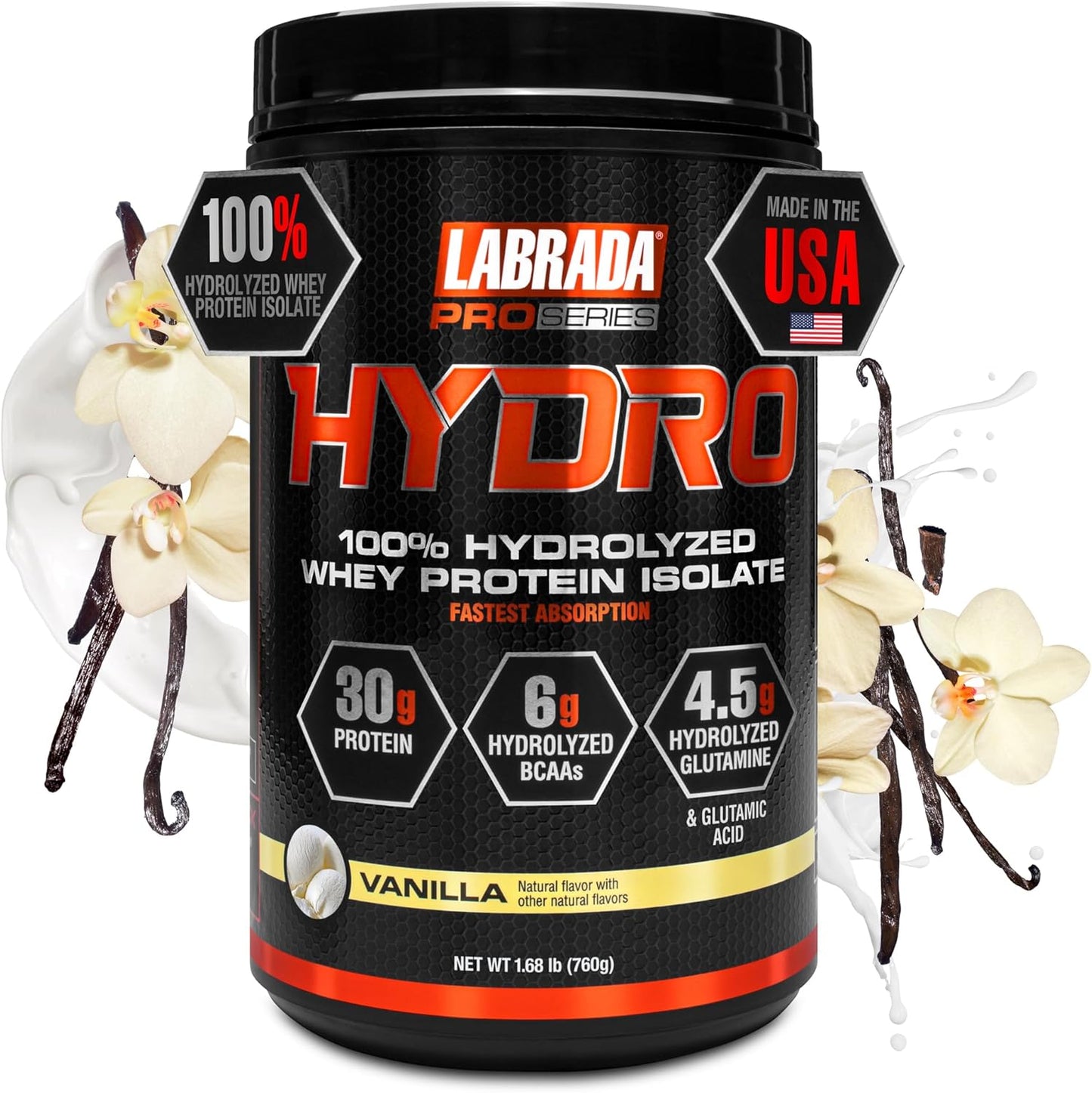 Labrada Hydro Whey Protein Isolate Powder - 100% Pure, Lactose Free, High BCAA & Glutamine, Fast Digesting, Delicious Vanilla Flavor - 20 Servings
