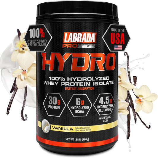 Labrada Hydro Whey Protein Isolate Powder - 100% Pure, Lactose Free, High BCAA & Glutamine, Fast Digesting, Delicious Vanilla Flavor - 20 Servings