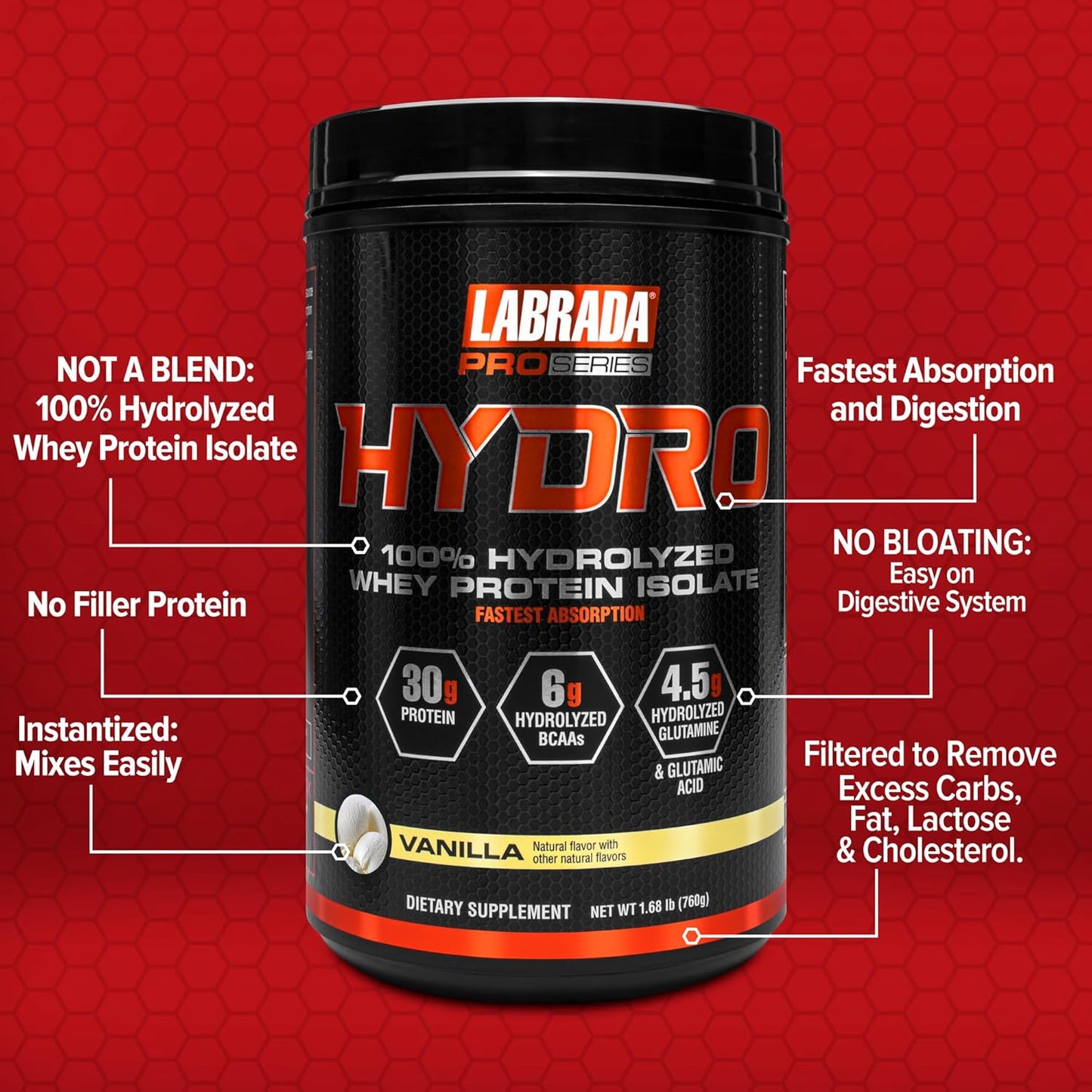 Labrada Hydro Whey Protein Isolate Powder - 100% Pure, Lactose Free, High BCAA & Glutamine, Fast Digesting, Delicious Vanilla Flavor - 20 Servings