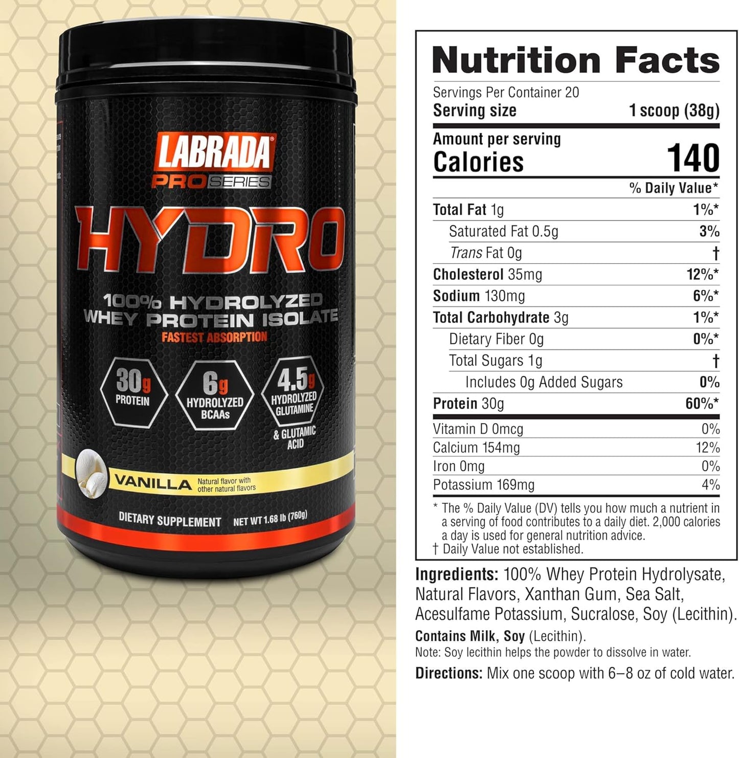 Labrada Hydro Whey Protein Isolate Powder - 100% Pure, Lactose Free, High BCAA & Glutamine, Fast Digesting, Delicious Vanilla Flavor - 20 Servings