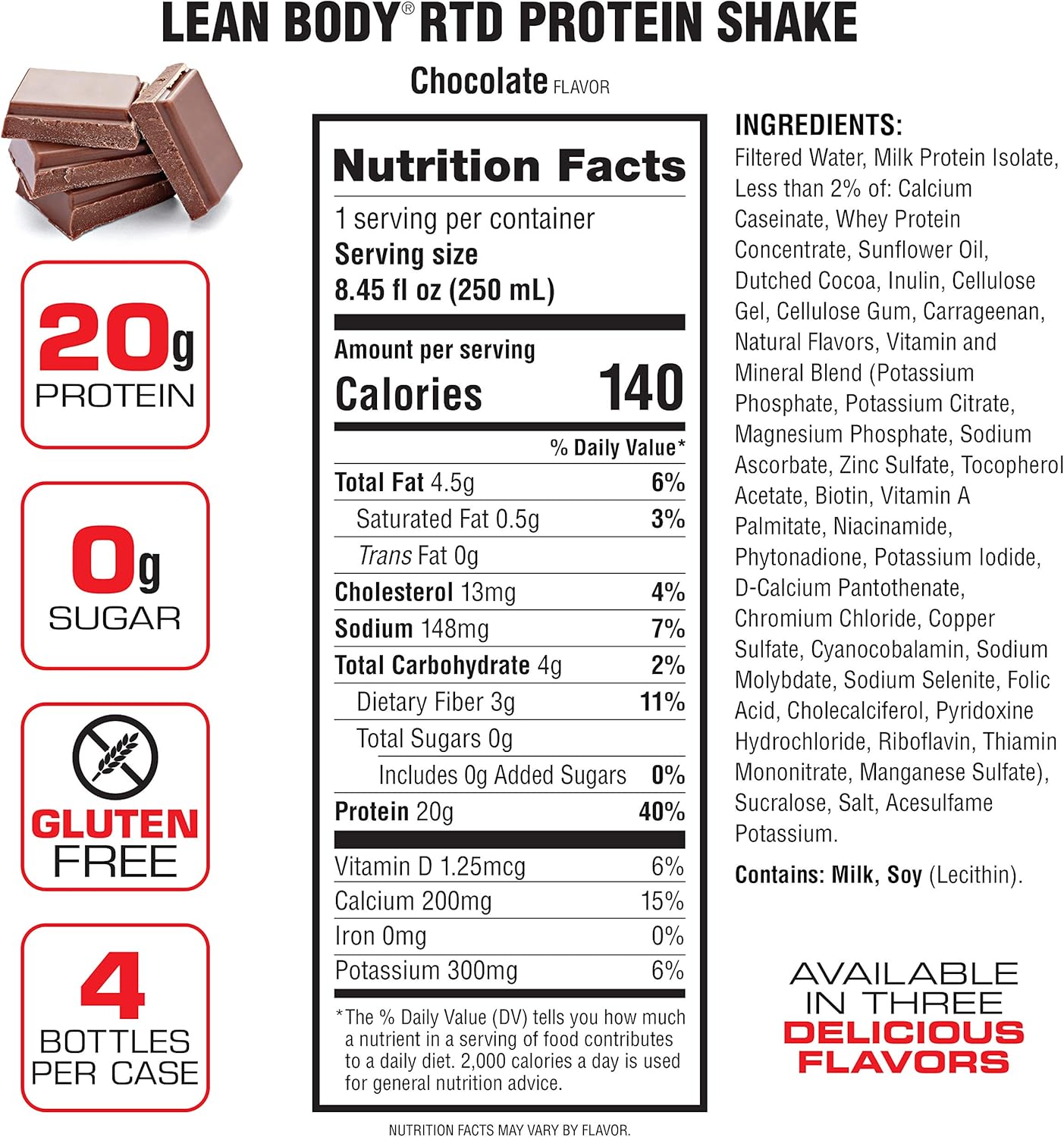 Labrada Lean Body Chocolate Shake: 20g Protein, Whey Blend, 0 Sugar, Gluten Free, 22 Vitamins, Recyclable Carton - 4 Pack