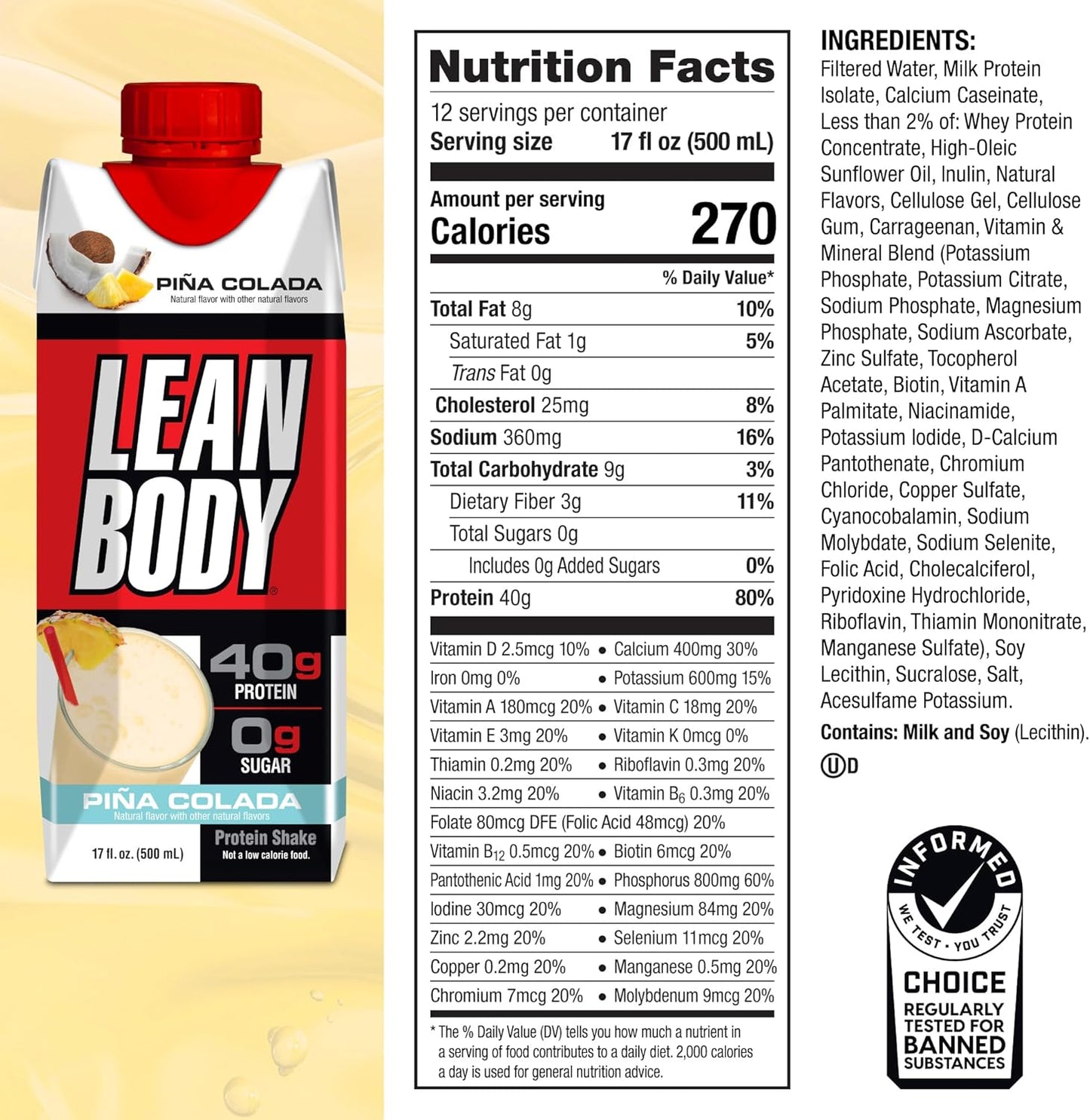 Labrada Lean Body Pina Colada Protein Shake - 40g Protein, Whey Blend, 0 Sugar, Gluten Free - 17 Fl Oz (Pack of 12)