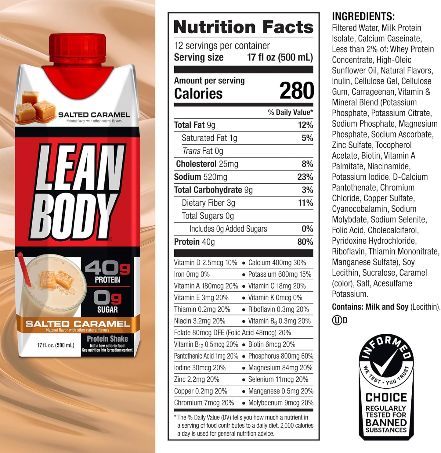 Labrada Lean Body Salted Caramel Protein Shake - 40g Protein, Whey Blend, Gluten Free, 0 Sugar, 22 Vitamins & Minerals - 17 Fl Oz, Pack of 12