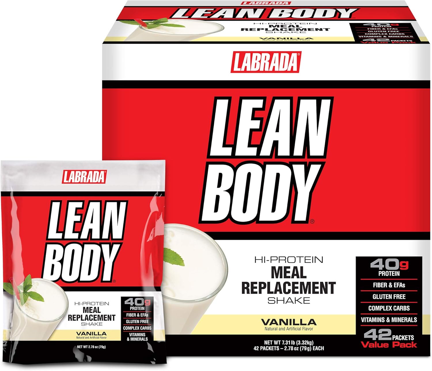 Labrada Lean Body Vanilla Meal Replacement Shake - 40g Protein, Whey Blend, 8g Healthy Fats, 22 Vitamins & Minerals - Gluten-Free, No Artificial Color - 42 Packets
