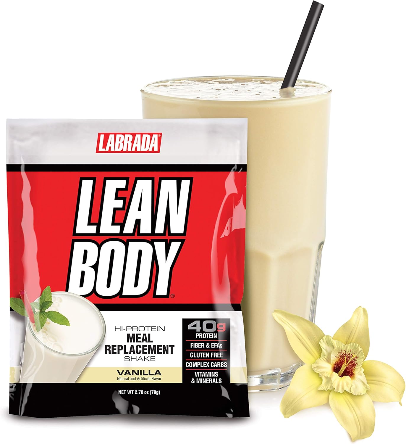 Labrada Lean Body Vanilla Meal Replacement Shake - 40g Protein, Whey Blend, 8g Healthy Fats, 22 Vitamins & Minerals - Gluten-Free, No Artificial Color - 42 Packets