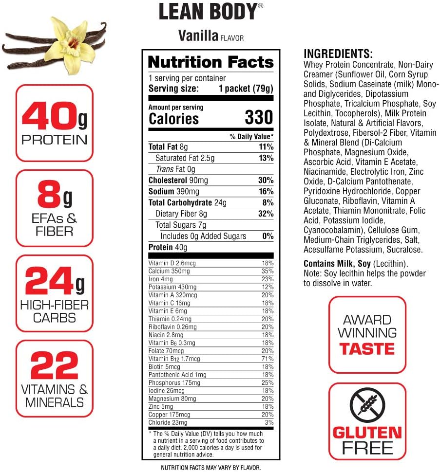 Labrada Lean Body Vanilla Meal Replacement Shake - 40g Protein, Whey Blend, 8g Healthy Fats, 22 Vitamins & Minerals - Gluten-Free, No Artificial Color - 42 Packets