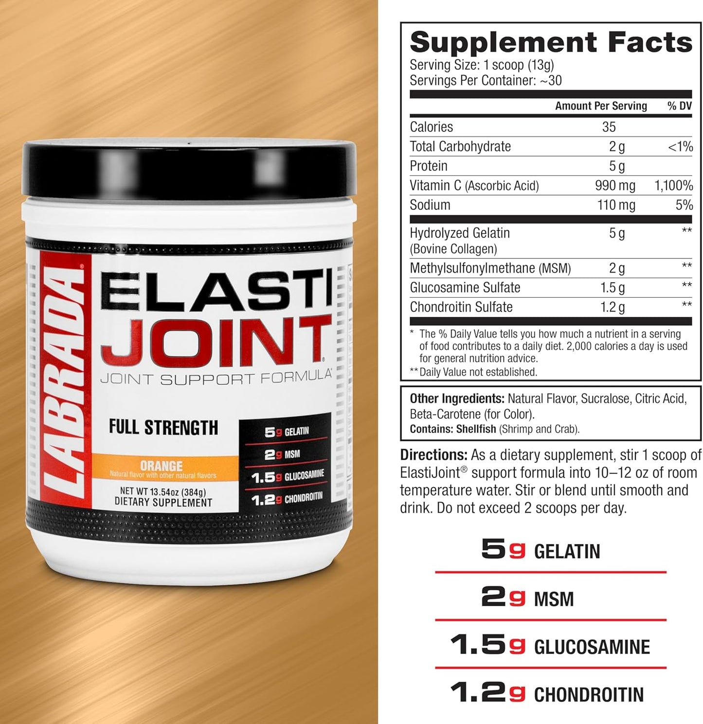 Labrada Nutrition Elastijoint Orange Flavor Powder - Glucosamine Joint Support for Men & Women, Relief from Joint Pain & Bone Health- MSM, Chondroitin, Gluten-Free