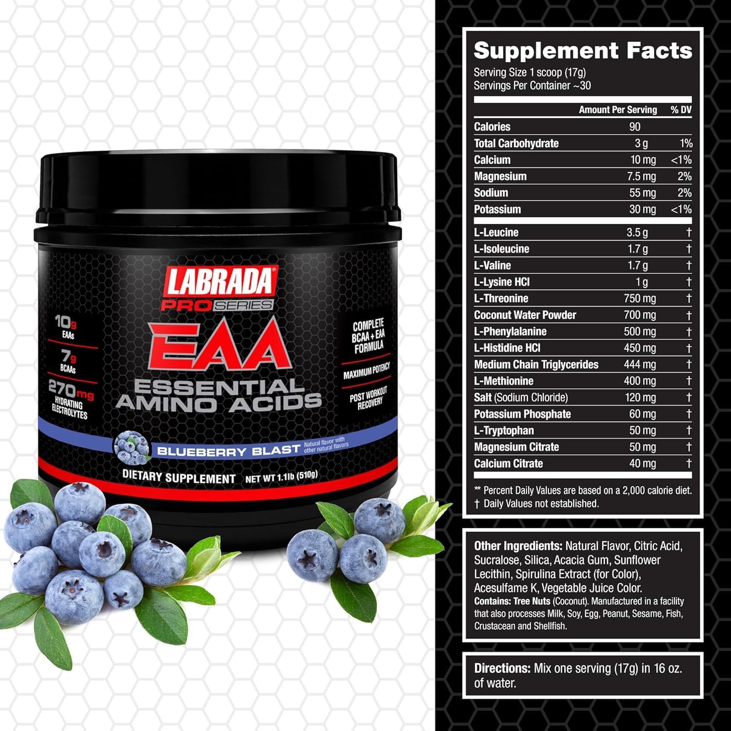 Labrada Pro Series EAA Hydrating Formula with 10g BCAAs, 7g EAAs, 270mg Electrolytes - Blueberry Blast