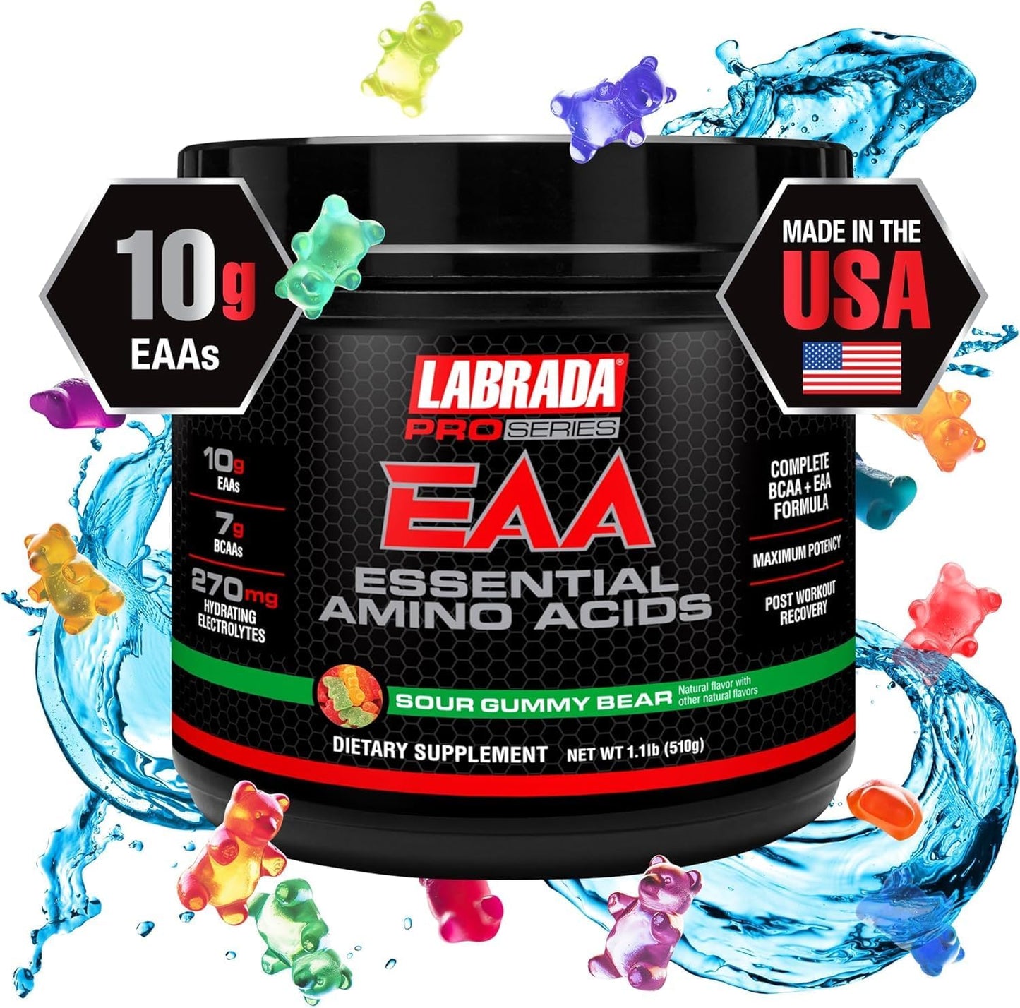 Labrada Pro Series EAA Hydrating Formula with BCAAs, Electrolytes - Sour Gummy Bear Flavor, Recovery & Performance