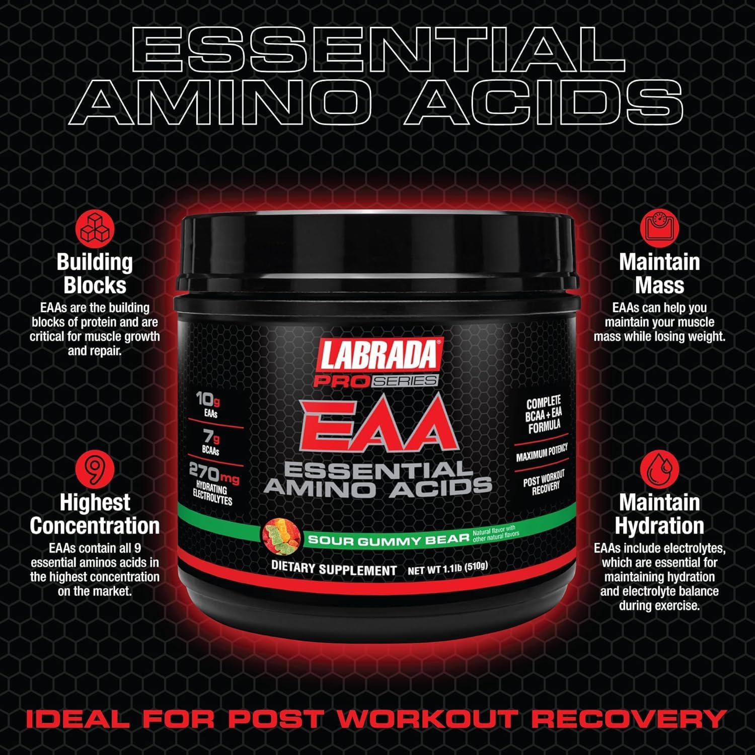 Labrada Pro Series EAA Hydrating Formula with BCAAs, Electrolytes - Sour Gummy Bear Flavor, Recovery & Performance