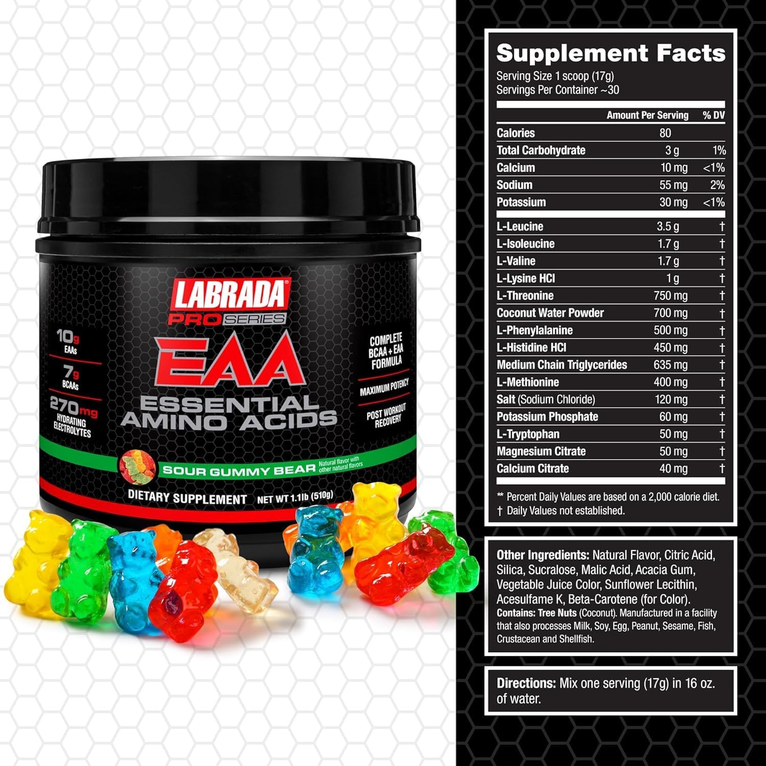Labrada Pro Series EAA Hydrating Formula with BCAAs, Electrolytes - Sour Gummy Bear Flavor, Recovery & Performance