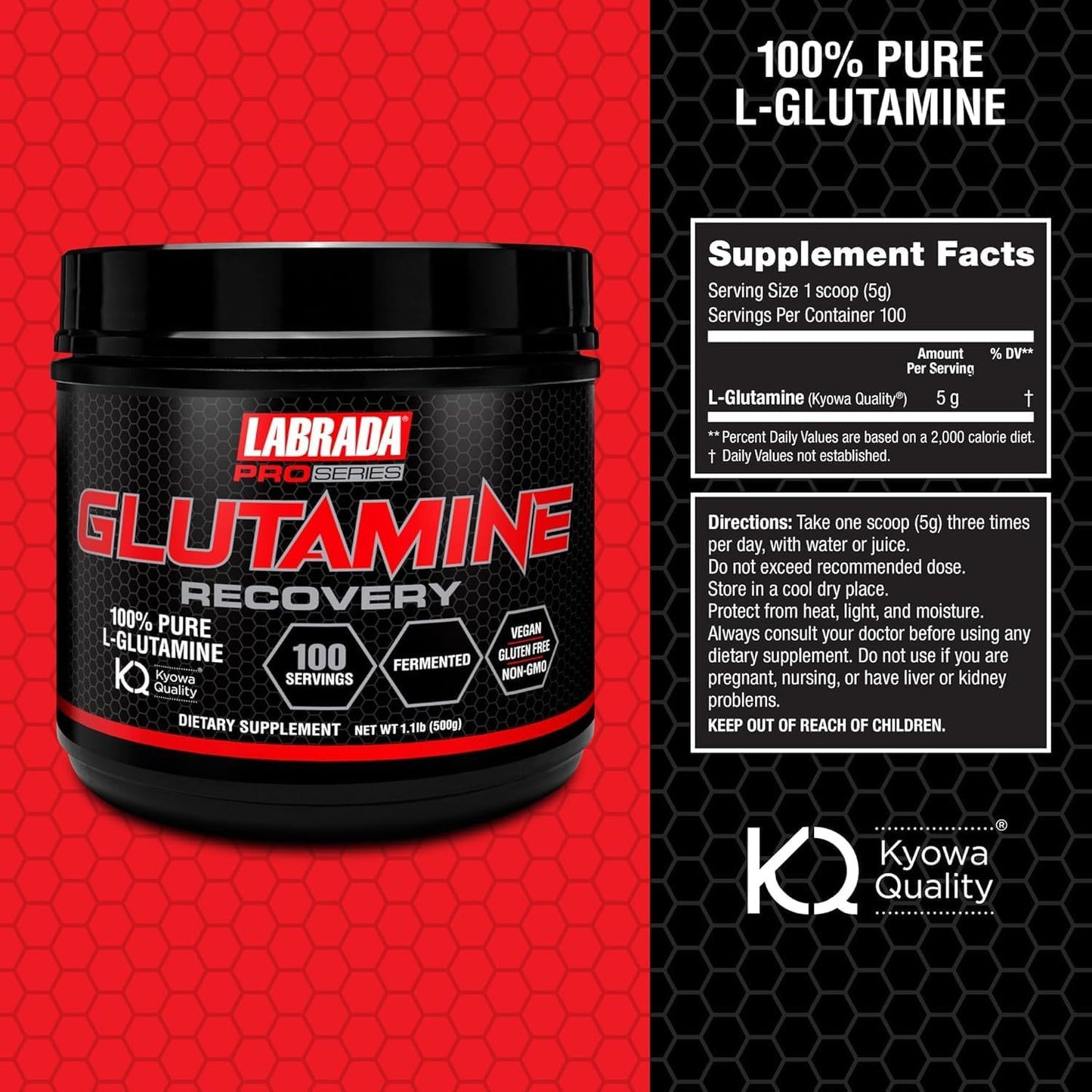Labrada Pro Series Glutamine Recovery Powder - 100 Servings, 500g - Muscle Recovery and Growth Supplement