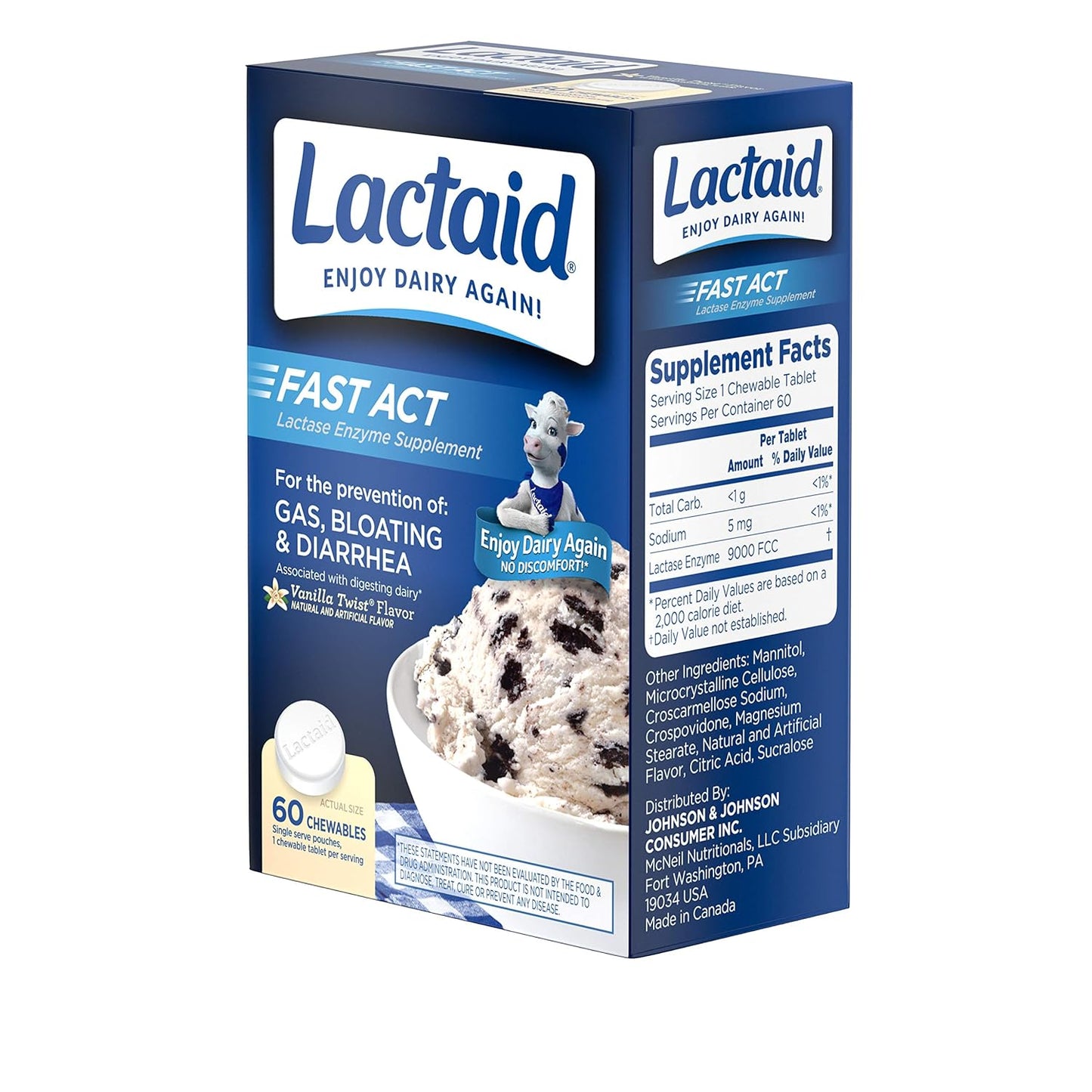 LACTAID Fast Acting Vanilla Twist Chewables - 60 ea (Pack of 3) - Lactose Intolerance Relief