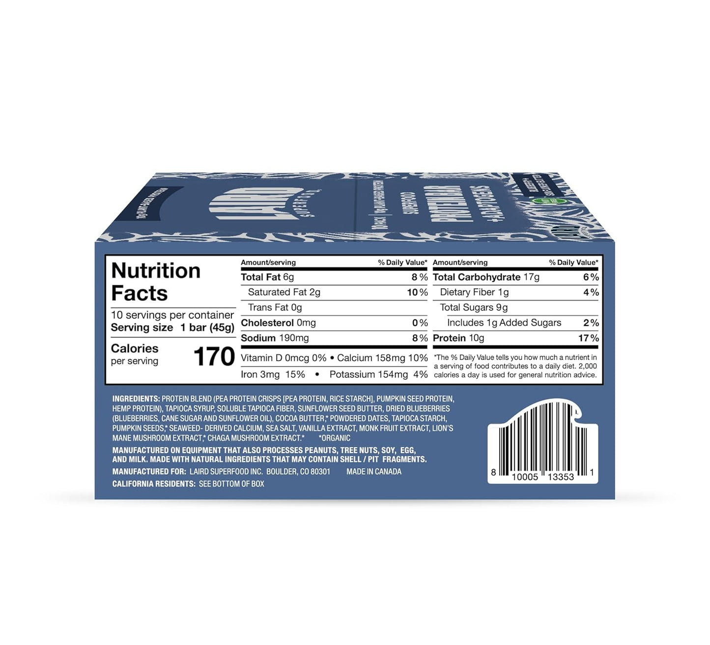 Laird Superfood Blueberry Sunflower Butter Protein Bars with Functional Mushrooms - 10g Plant-Based Protein, 6g Fiber, Real Ingredients - 10 Count Pack