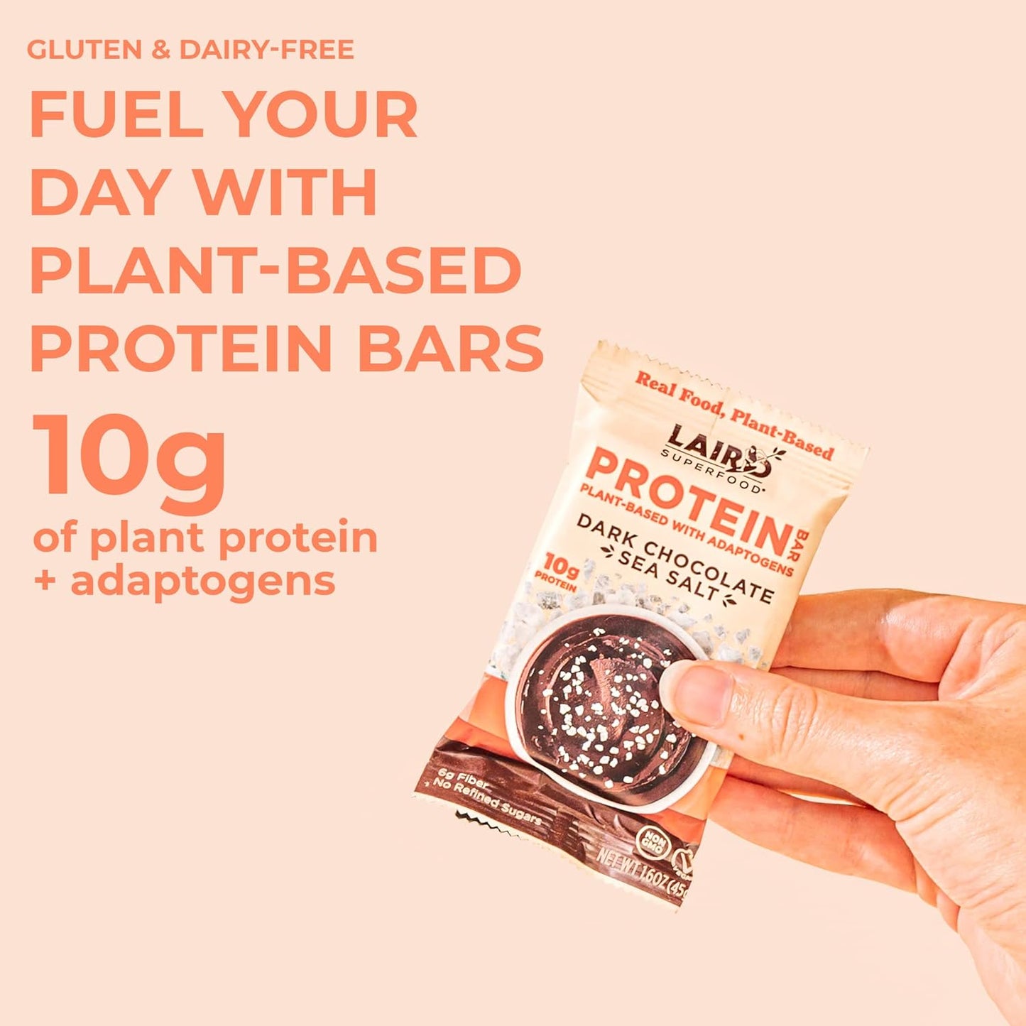 Laird Superfood Dark Chocolate Sea Salt Protein Bars - Plant-Based, Functional Mushrooms, Real Ingredients - 10g Protein, 6g Fiber - Non-GMO - 10 Count Pack
