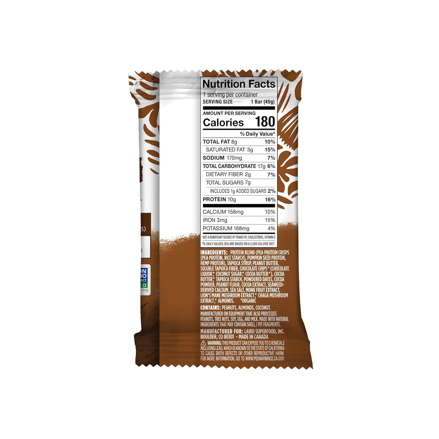 Laird Superfood Double Chocolate Peanut Butter Protein Bars - Plant-Based with Real Ingredients, Functional Mushrooms - 10g Protein, 6g Fiber - 10 Count Pack