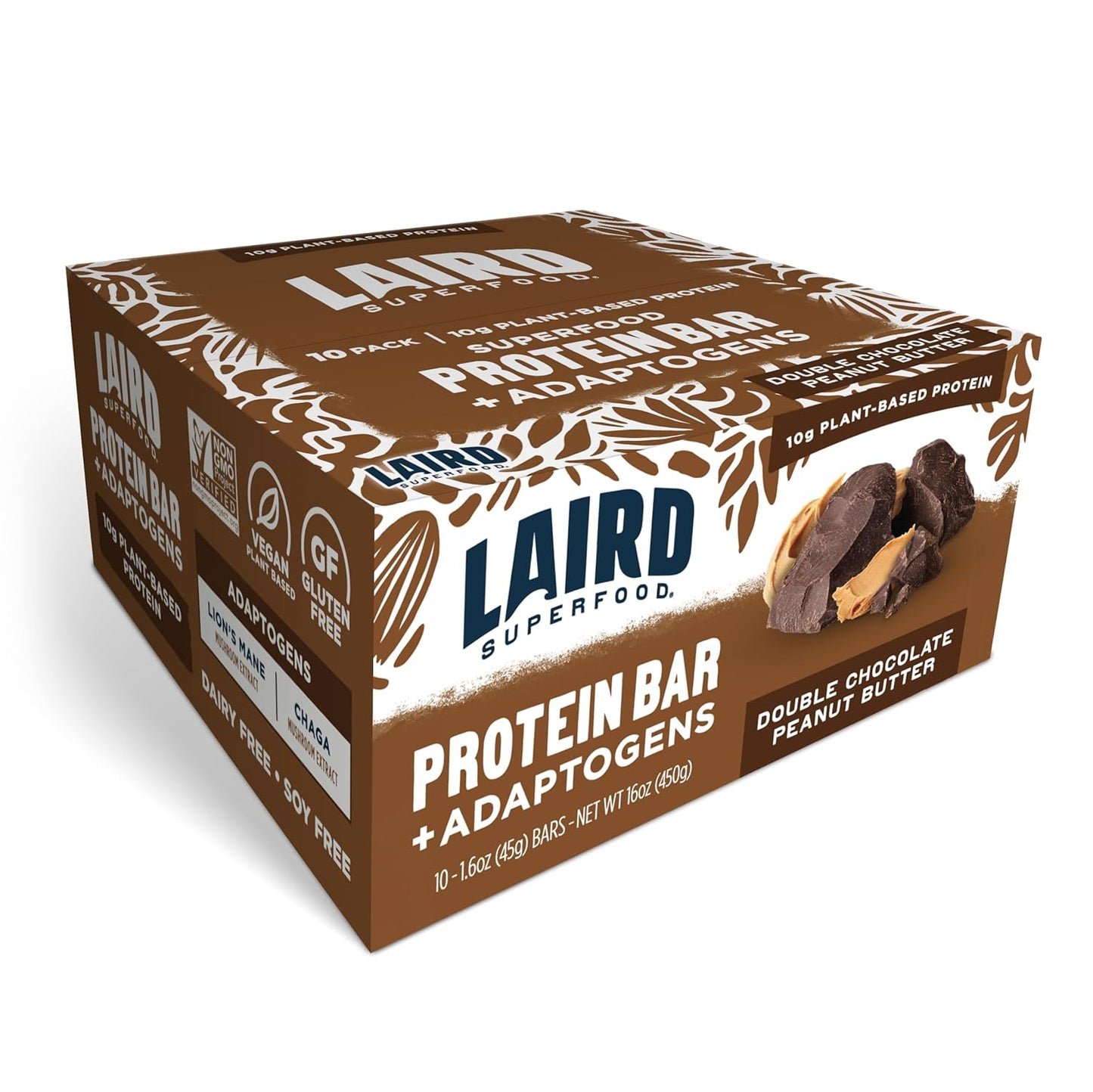 Laird Superfood Double Chocolate Peanut Butter Protein Bars - Plant-Based with Real Ingredients, Functional Mushrooms - 10g Protein, 6g Fiber - 10 Count Pack