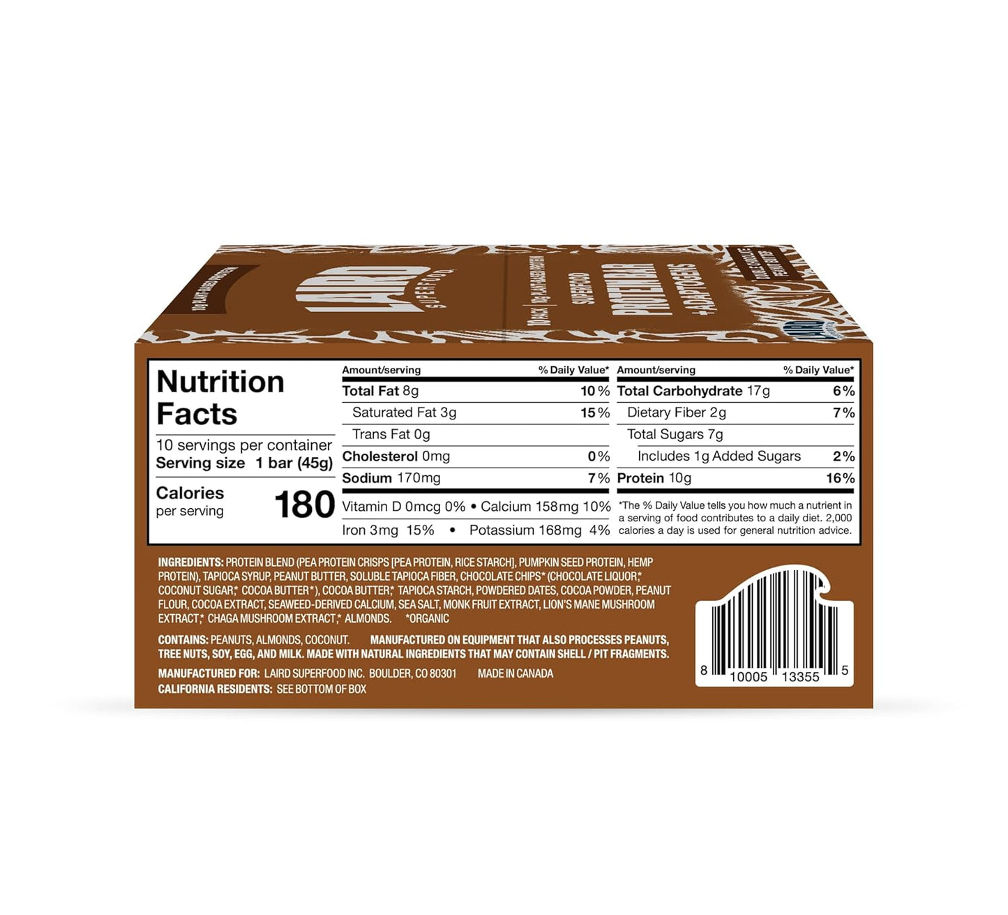 Laird Superfood Double Chocolate Peanut Butter Protein Bars - Plant-Based with Real Ingredients, Functional Mushrooms - 10g Protein, 6g Fiber - 10 Count Pack
