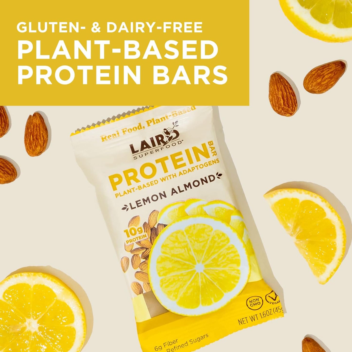 Laird Superfood Lemon Almond Protein Bars - Plant-Based Protein with Real Ingredients, Functional Mushrooms, 10g Protein, 6g Fiber, Non-GMO - 10 Count