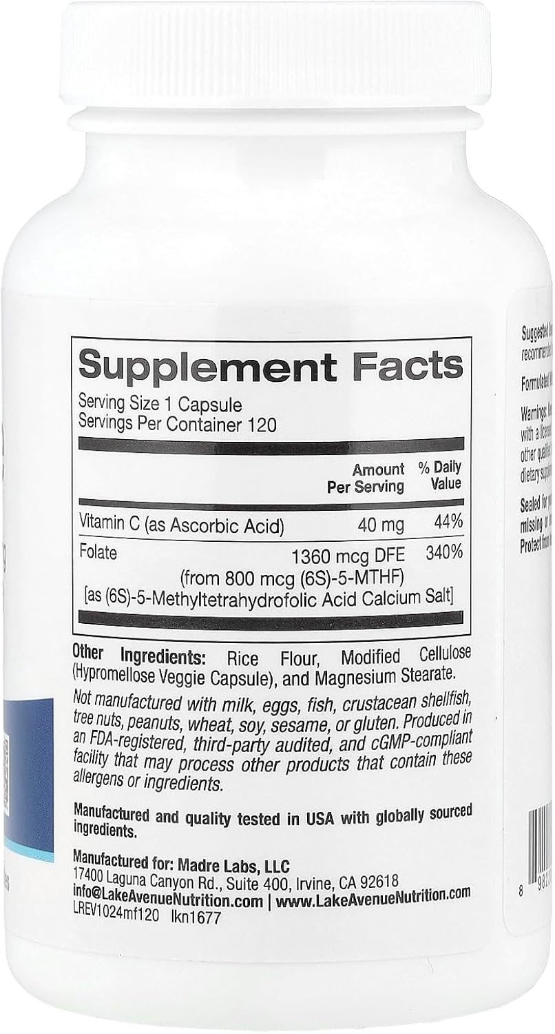 Lake Avenue Methyl Folate 800mcg - 120 Vegetarian Capsules for Optimal Nutrition
