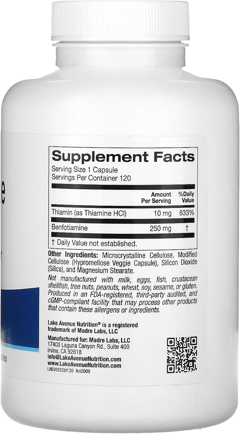 Lake Avenue Nutrition Benfotiamine and Thiamine Supplement - 250mg, 120 Capsules
