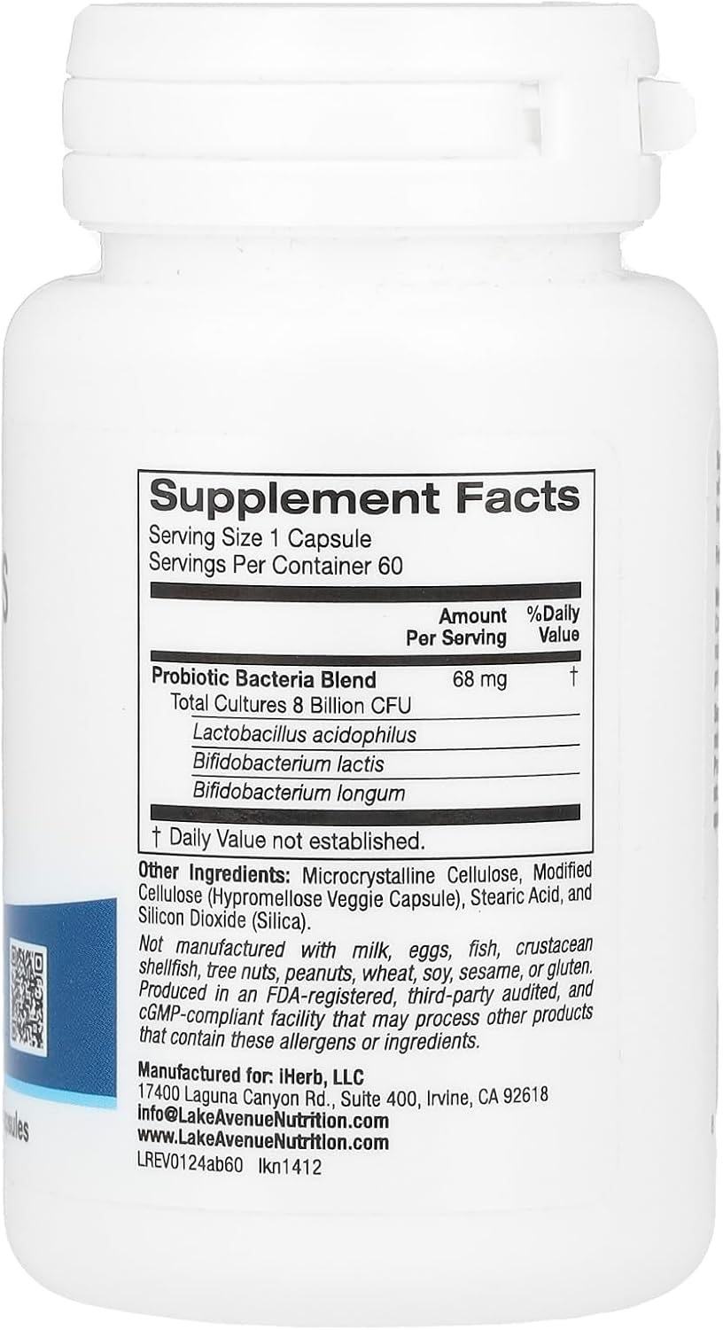 Lake Avenue Nutrition Probiotic Blend with Acidophilus and Bifidus, 8 Billion CFU, 60 Vegetarian Capsules