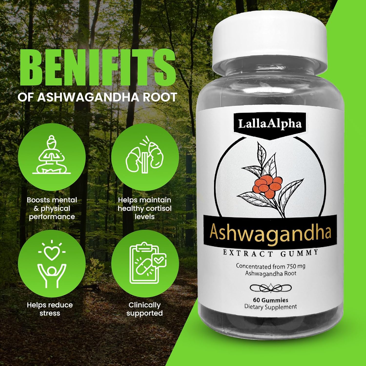 LallaAlpha Ashwagandha Gummies - 750mg Natural Stress Relief - 60 Count - Boost Energy & Manage Stress - Green