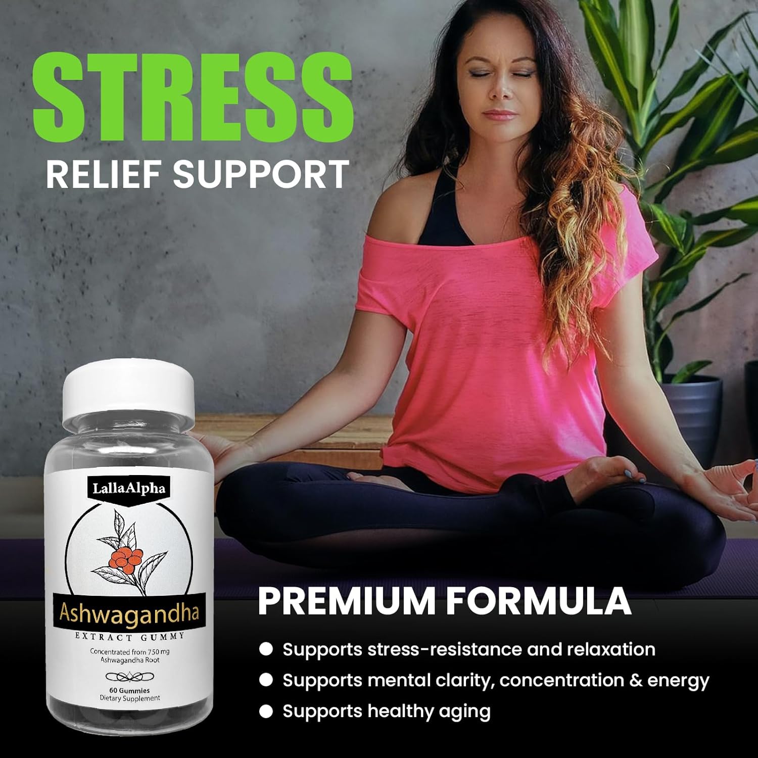 LallaAlpha Ashwagandha Gummies - 750mg Natural Stress Relief - 60 Count - Boost Energy & Manage Stress - Green