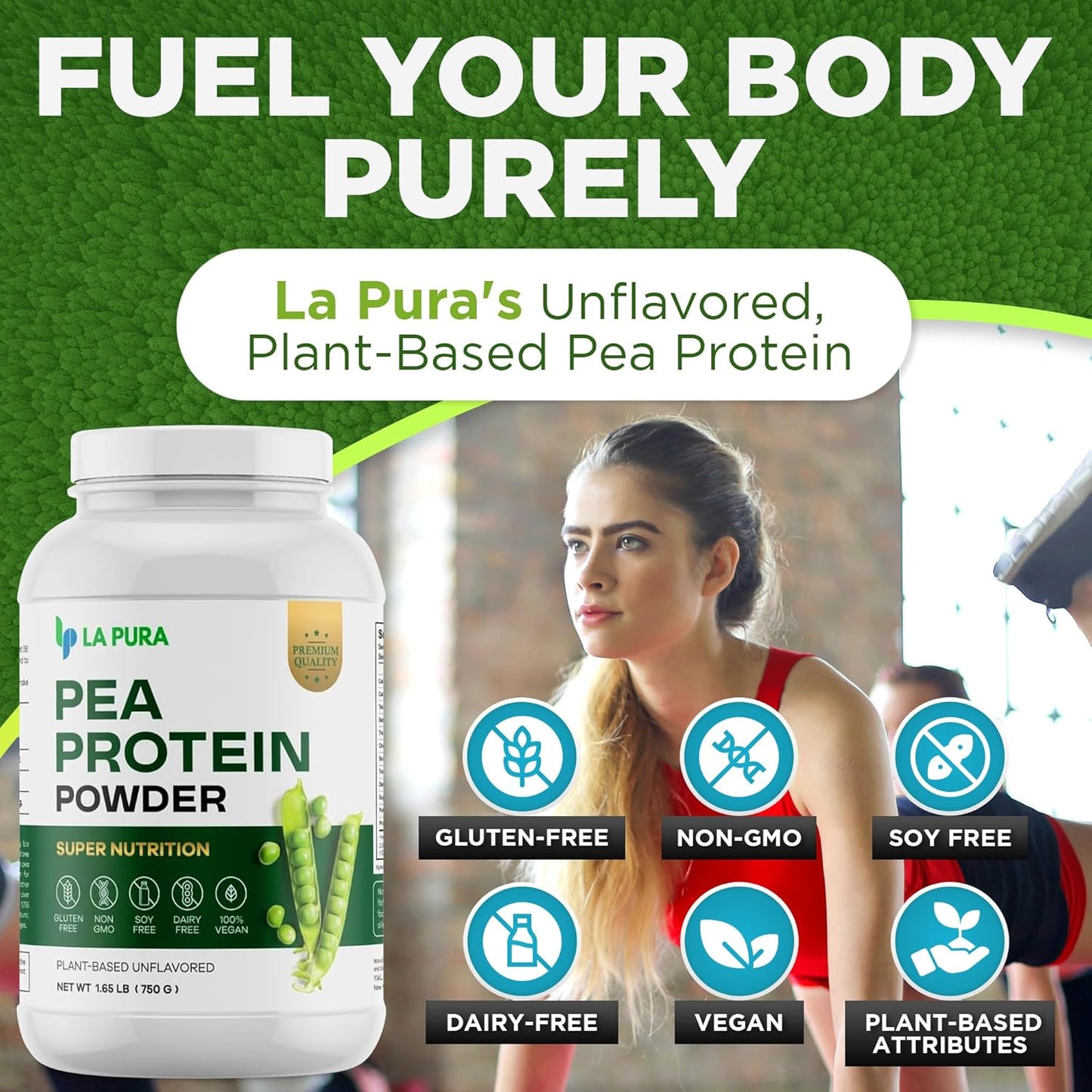 LaPura 100% Vegan Pea Protein Powder - 1.65LB, Unflavored Plant-Based Protein with 20g Protein, Easy to Digest, Gluten Free, Non-GMO, No Additives - Optimal Nutrition
