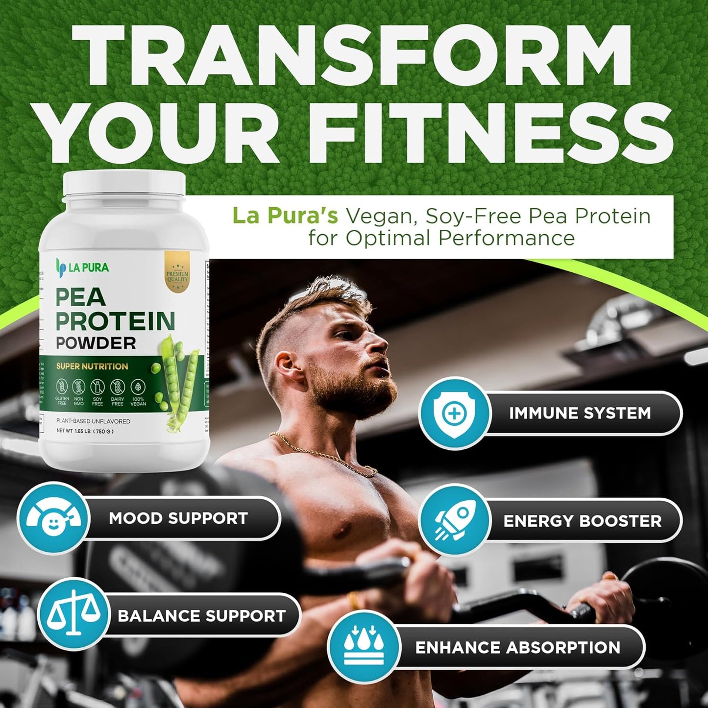 LaPura 100% Vegan Pea Protein Powder - 1.65LB, Unflavored Plant-Based Protein with 20g Protein, Easy to Digest, Gluten Free, Non-GMO, No Additives - Optimal Nutrition