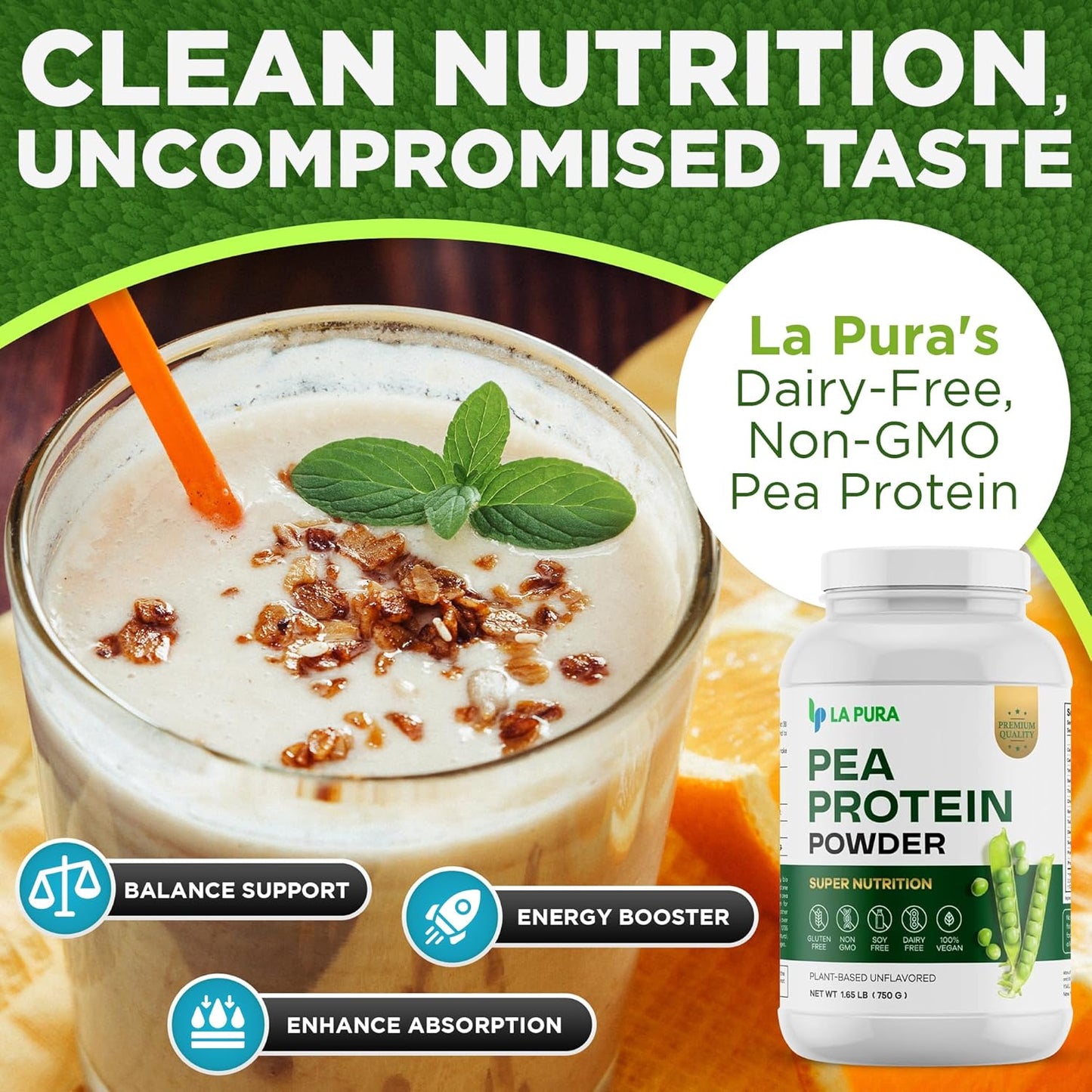 LaPura 100% Vegan Pea Protein Powder - 1.65LB, Unflavored Plant-Based Protein with 20g Protein, Easy to Digest, Gluten Free, Non-GMO, No Additives - Optimal Nutrition