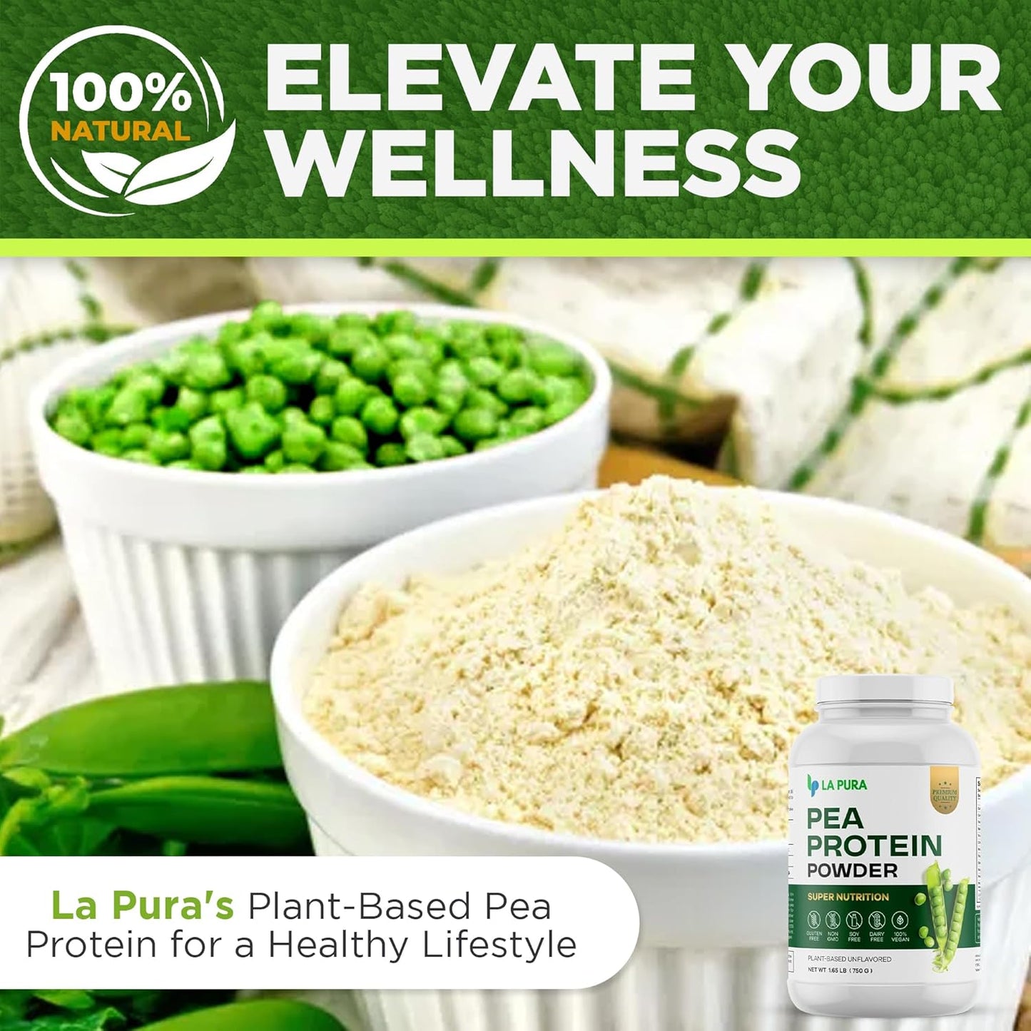 LaPura 100% Vegan Pea Protein Powder - 1.65LB, Unflavored Plant-Based Protein with 20g Protein, Easy to Digest, Gluten Free, Non-GMO, No Additives - Optimal Nutrition
