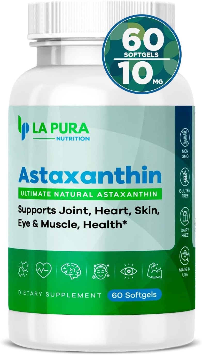 LaPura Ultimate Astaxanthin 10mg Softgels - Pure & Non-GMO Algae Supplement for Joints, Heart, Brain, Skin, Eyes, Muscles - 60 Capsules, Made in USA