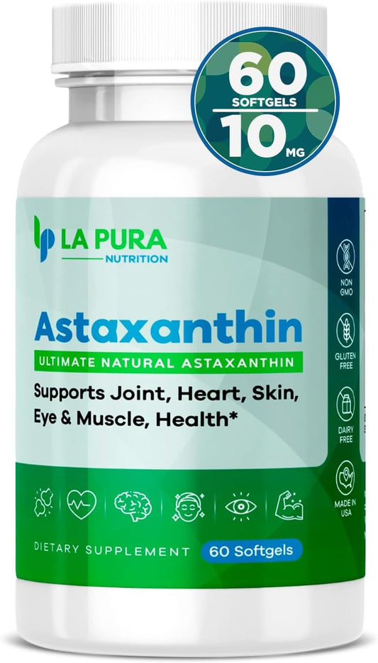 LaPura Ultimate Astaxanthin 10mg Softgels - Pure & Non-GMO Algae Supplement for Joints, Heart, Brain, Skin, Eyes, Muscles - 60 Capsules, Made in USA