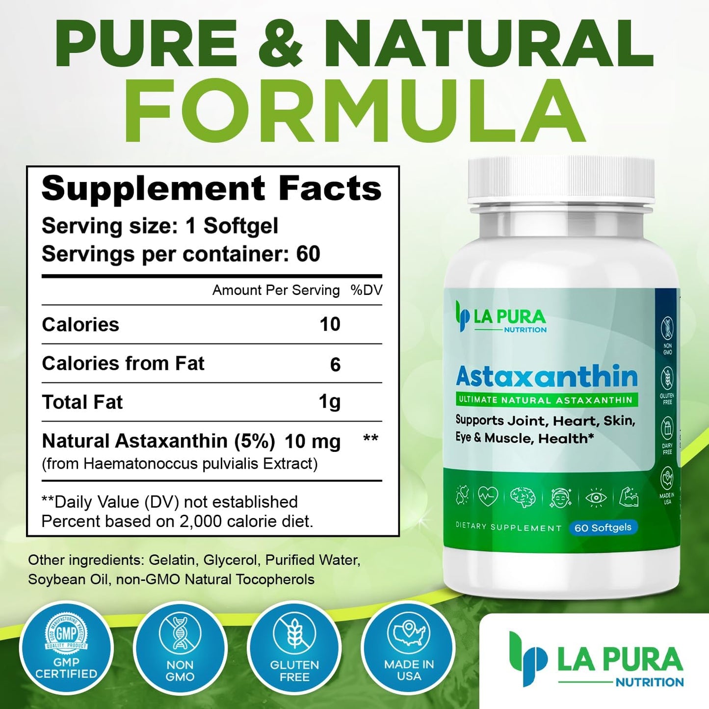 LaPura Ultimate Astaxanthin 10mg Softgels - Pure & Non-GMO Algae Supplement for Joints, Heart, Brain, Skin, Eyes, Muscles - 60 Capsules, Made in USA
