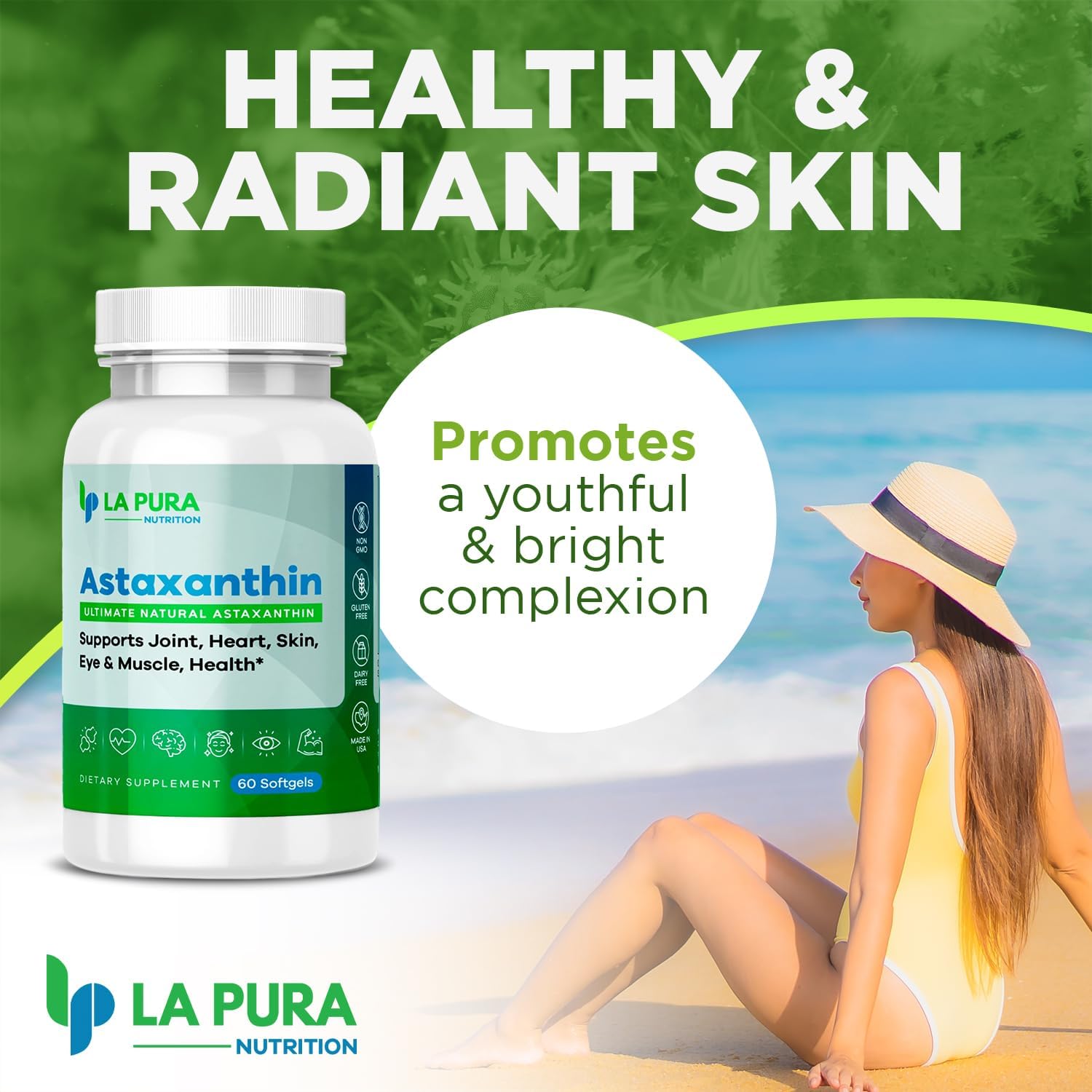 LaPura Ultimate Astaxanthin 10mg Softgels - Pure & Non-GMO Algae Supplement for Joints, Heart, Brain, Skin, Eyes, Muscles - 60 Capsules, Made in USA