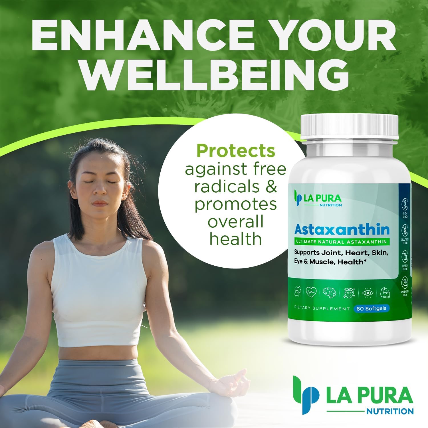 LaPura Ultimate Astaxanthin 10mg Softgels - Pure & Non-GMO Algae Supplement for Joints, Heart, Brain, Skin, Eyes, Muscles - 60 Capsules, Made in USA