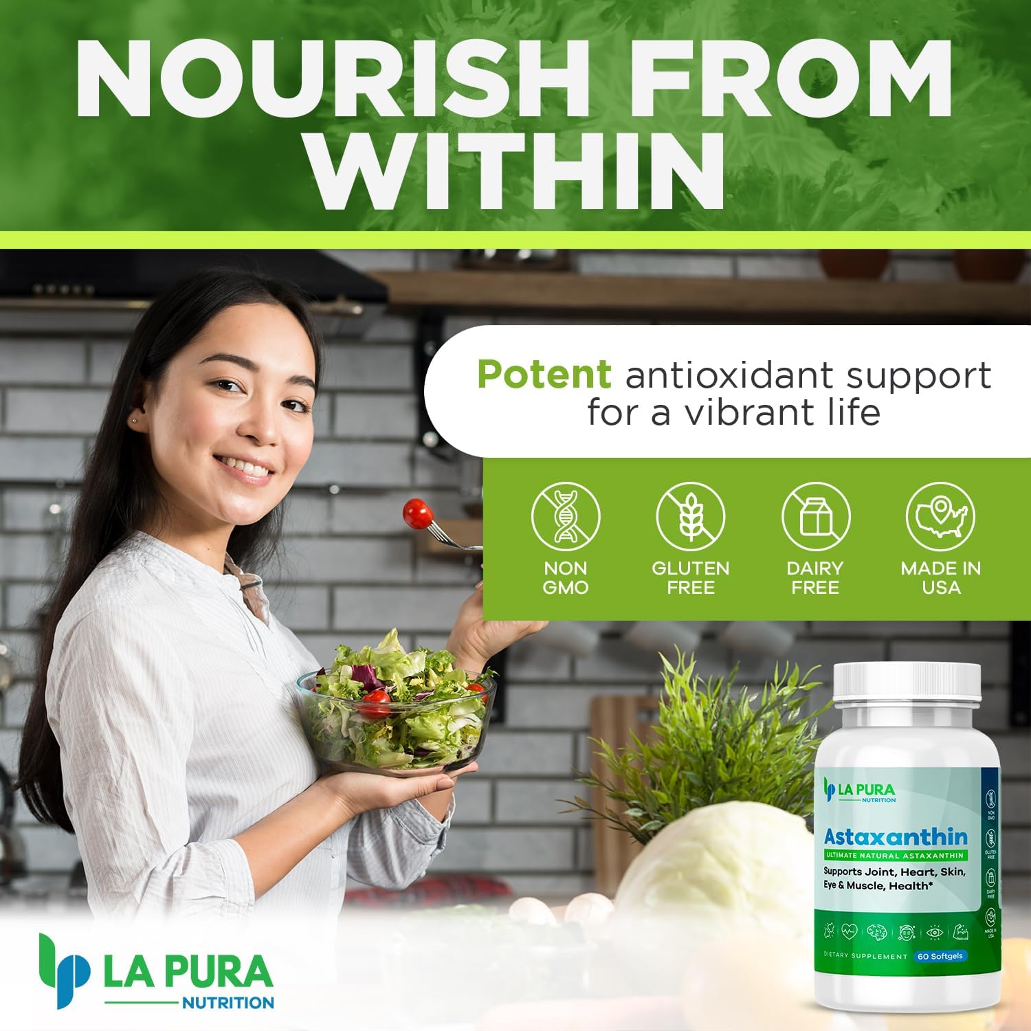 LaPura Ultimate Astaxanthin 10mg Softgels - Pure & Non-GMO Algae Supplement for Joints, Heart, Brain, Skin, Eyes, Muscles - 60 Capsules, Made in USA