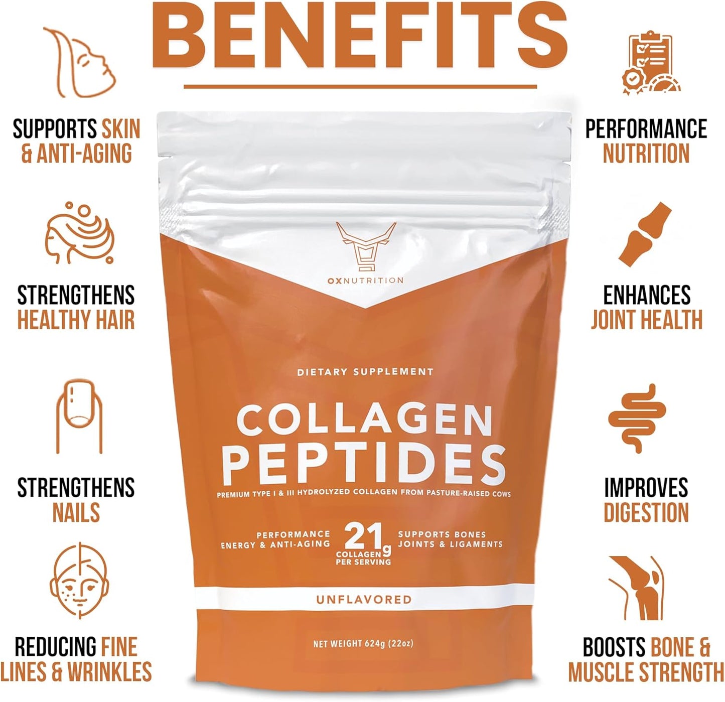 Large 22oz OX Collagen Peptides Powder, Hydrolyzed for Healthy Skin Hair Nail Joints - Grass Fed, Pasture Raised, Non-GMO, Gluten Free, 3P Tested - Unflavored - Certified cGMP - BoostGo Australia
