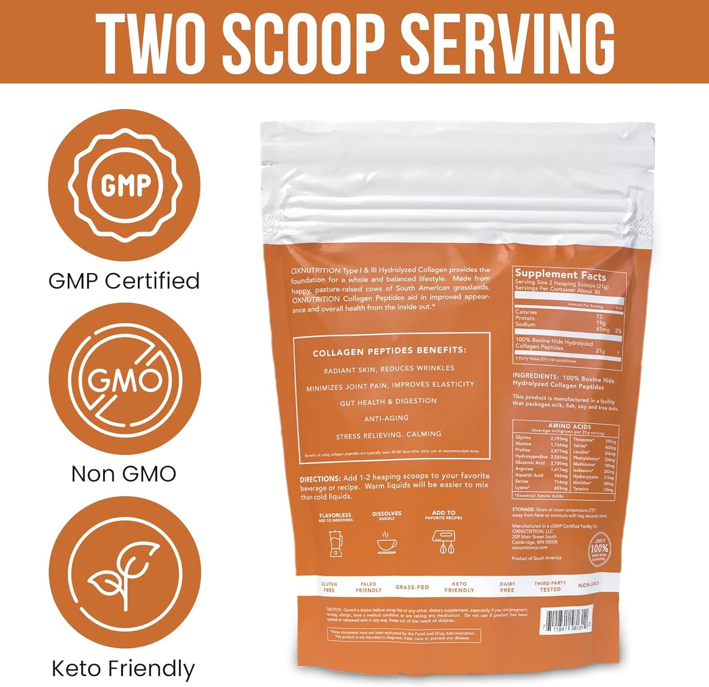 Large 22oz OX Collagen Peptides Powder, Hydrolyzed for Healthy Skin Hair Nail Joints - Grass Fed, Pasture Raised, Non-GMO, Gluten Free, 3P Tested - Unflavored - Certified cGMP - BoostGo Australia