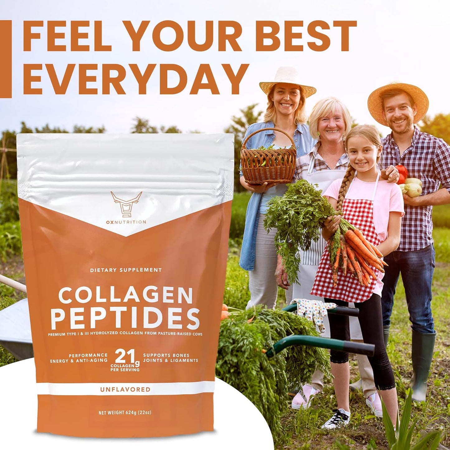 Large 22oz OX Collagen Peptides Powder, Hydrolyzed for Healthy Skin Hair Nail Joints - Grass Fed, Pasture Raised, Non-GMO, Gluten Free, 3P Tested - Unflavored - Certified cGMP - BoostGo Australia