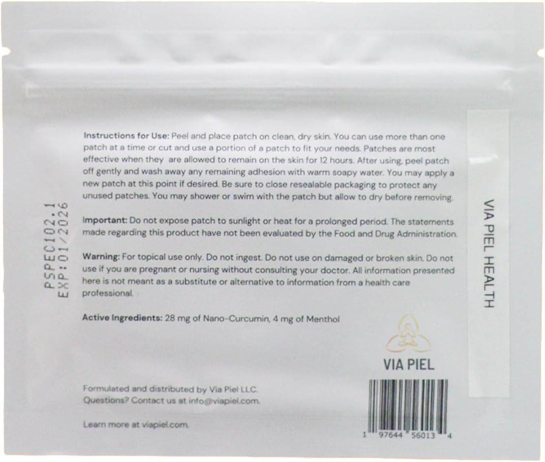Large ACYEAH Via Piel Health Turmeric Extract Patch - 28mg Nano Curcumin, 4mg Menthol - Joint & Immune Support, Inflammation Relief - 10-Day Supply