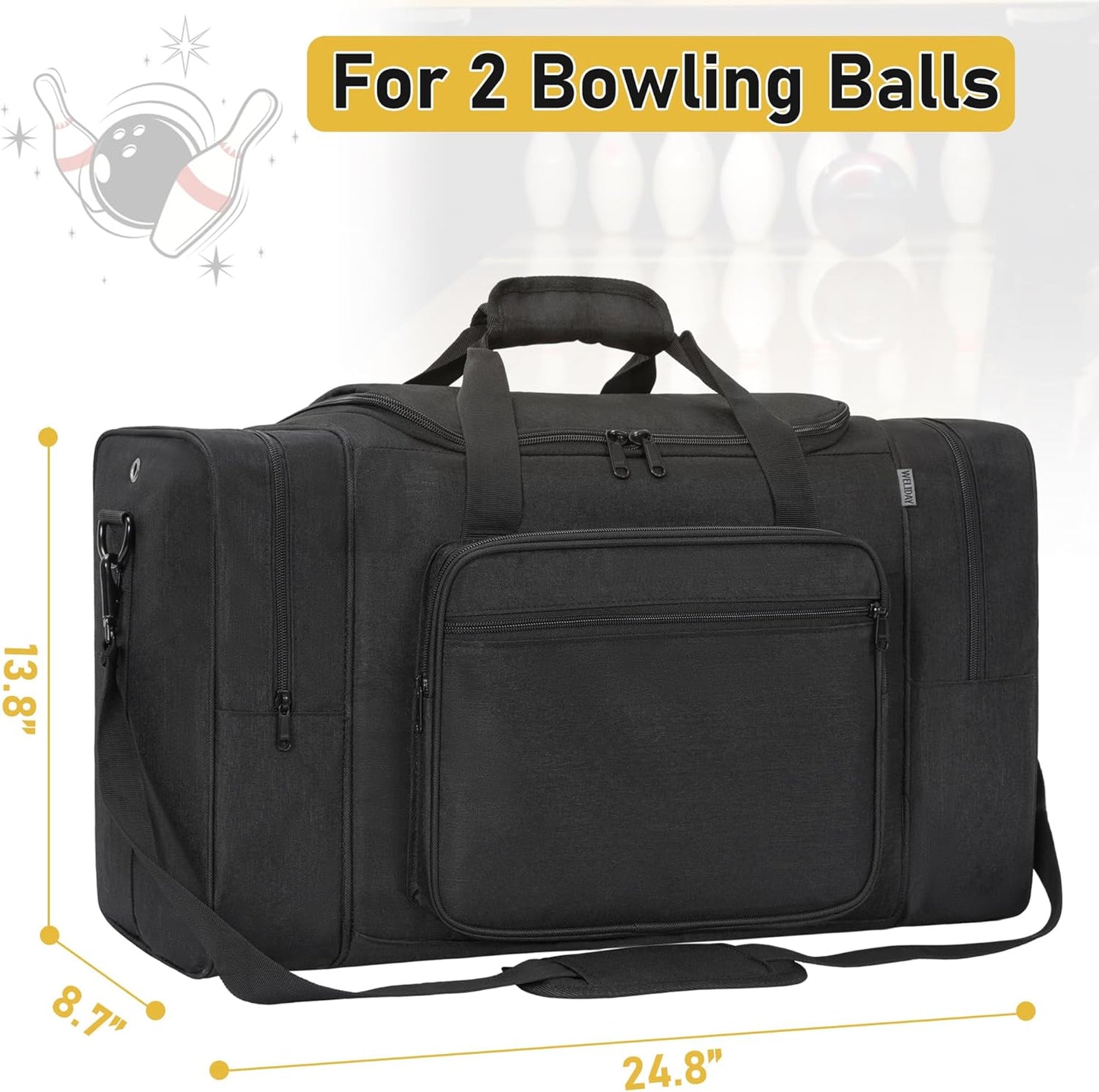 Large Black Bowling Bag for Balls, Accessories, and Shoes - Fits Mens Size 14 - WELIDAY