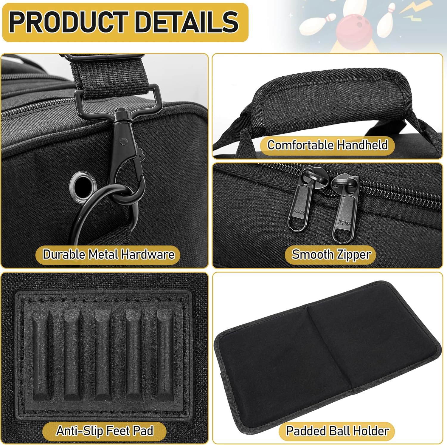 Large Black Bowling Bag for Balls, Accessories, and Shoes - Fits Mens Size 14 - WELIDAY